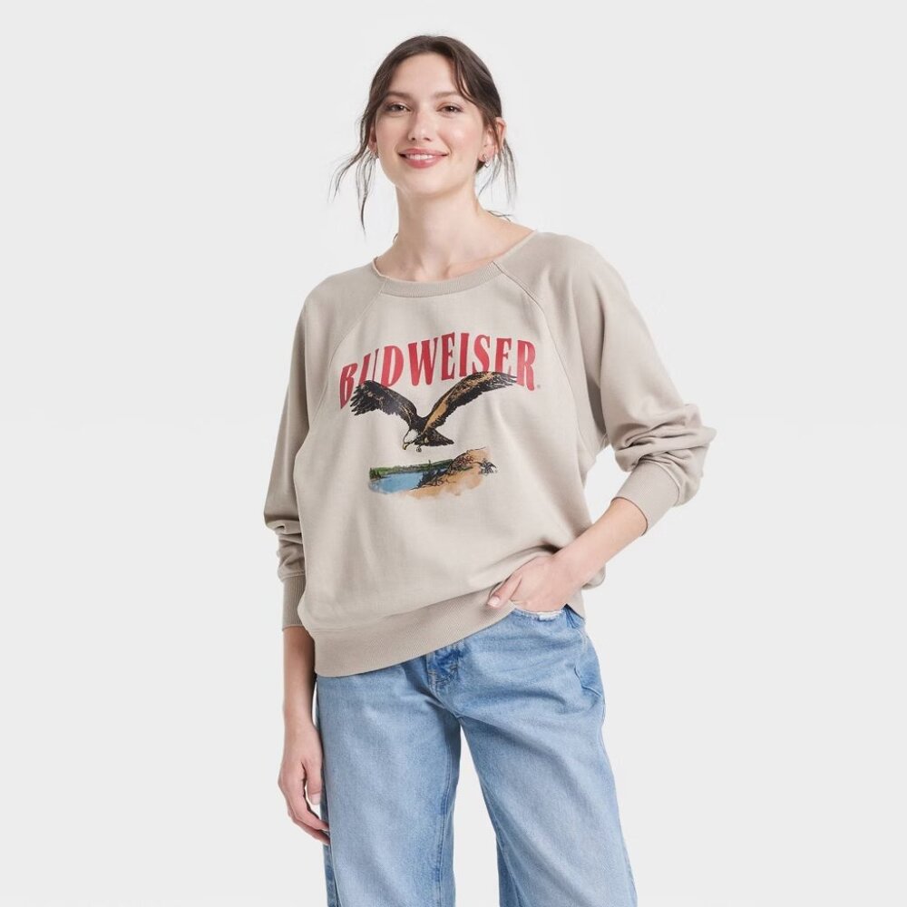 NEW Women's Budweiser Eagle Graphic Sweatshirt - Taupe
